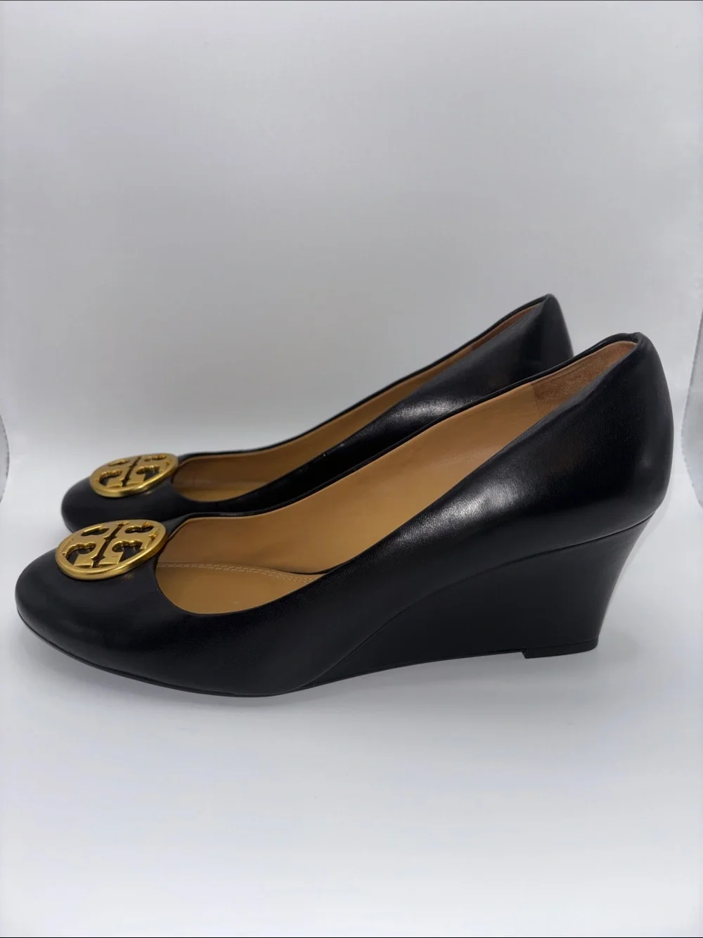 Tory Burch Black Leather Wedges with Gold Logo Medallion